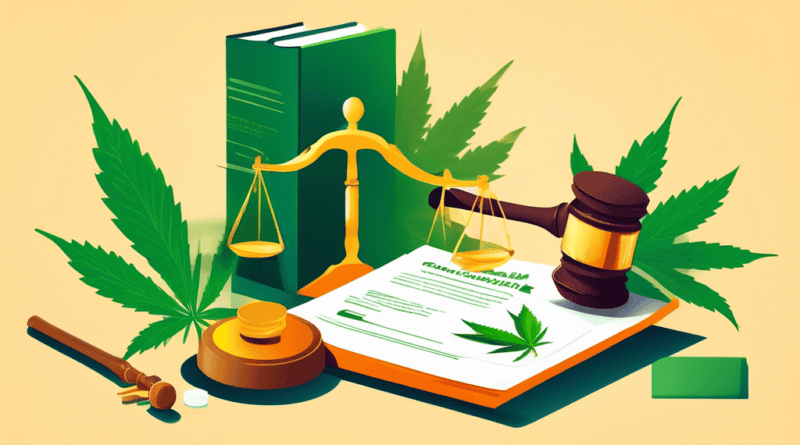 Create an image illustrating the concept of 'Cannabis Product Liability Laws,' featuring a balanced scale symbolizing justice, with cannabis leaves on one side and legal documents on the other. Includ