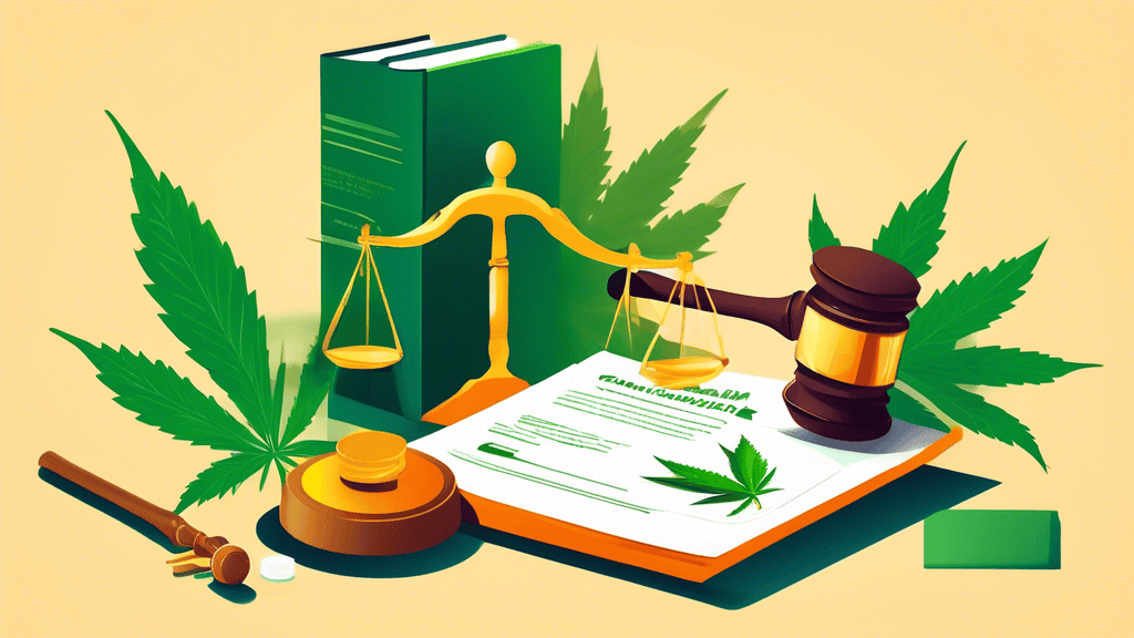 Create an image illustrating the concept of 'Cannabis Product Liability Laws,' featuring a balanced scale symbolizing justice, with cannabis leaves on one side and legal documents on the other. Includ