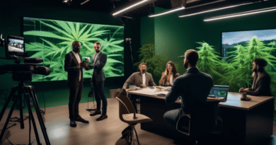 A modern studio setup with soft lighting, featuring a diverse team of marketing professionals strategizing around a large screen displaying cannabis produc