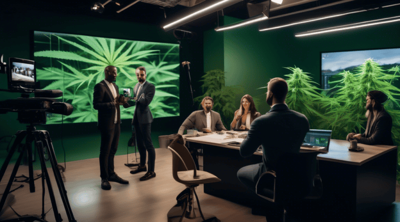A modern studio setup with soft lighting, featuring a diverse team of marketing professionals strategizing around a large screen displaying cannabis produc