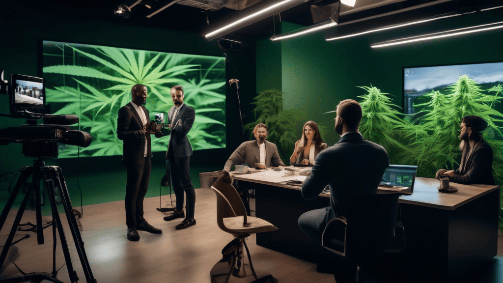 A modern studio setup with soft lighting, featuring a diverse team of marketing professionals strategizing around a large screen displaying cannabis produc