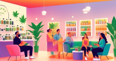 A vibrant and welcoming cannabis dispensary interior with happy customers engaging with knowledgeable staff, product displays showcasing high-quality canna