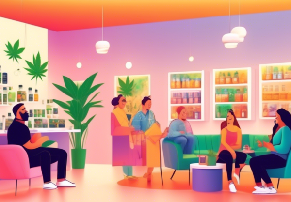 A vibrant and welcoming cannabis dispensary interior with happy customers engaging with knowledgeable staff, product displays showcasing high-quality canna