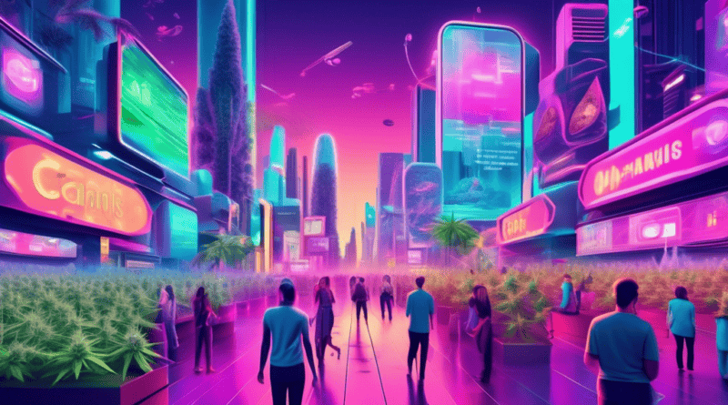 A futuristic cityscape with innovative digital advertisements showcasing cannabis products. The scene includes holographic billboards, floating drones deli