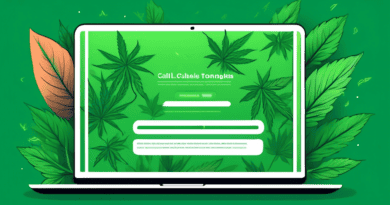 An illustration of a sleek, modern cannabis website on a laptop screen with clear conversion pathways highlighted, featuring elements like call-to-action b