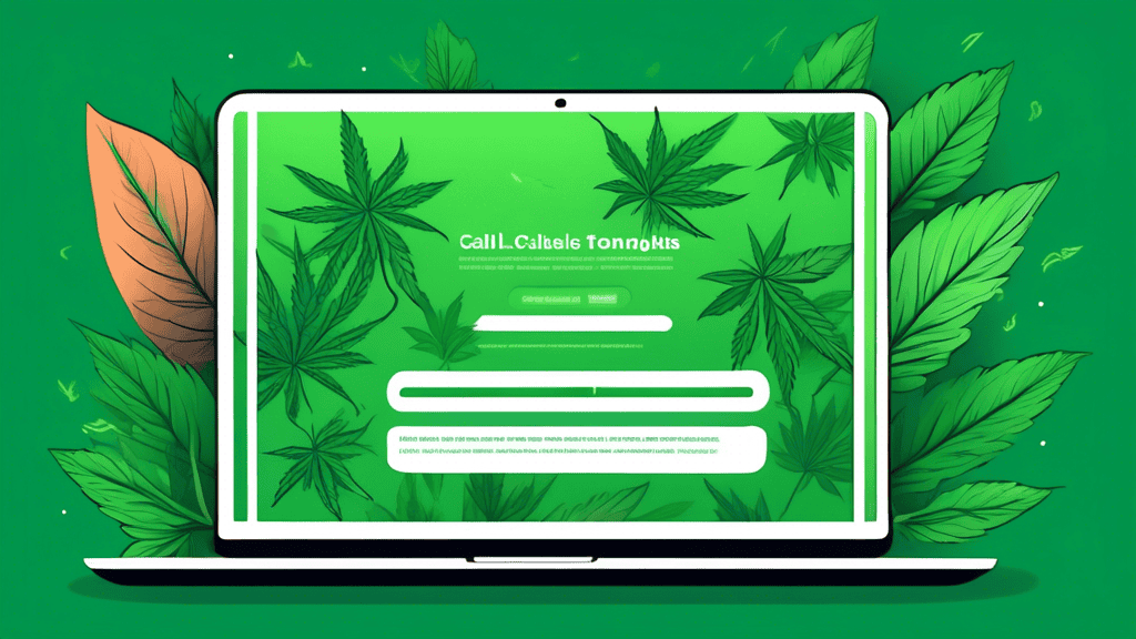 An illustration of a sleek, modern cannabis website on a laptop screen with clear conversion pathways highlighted, featuring elements like call-to-action b