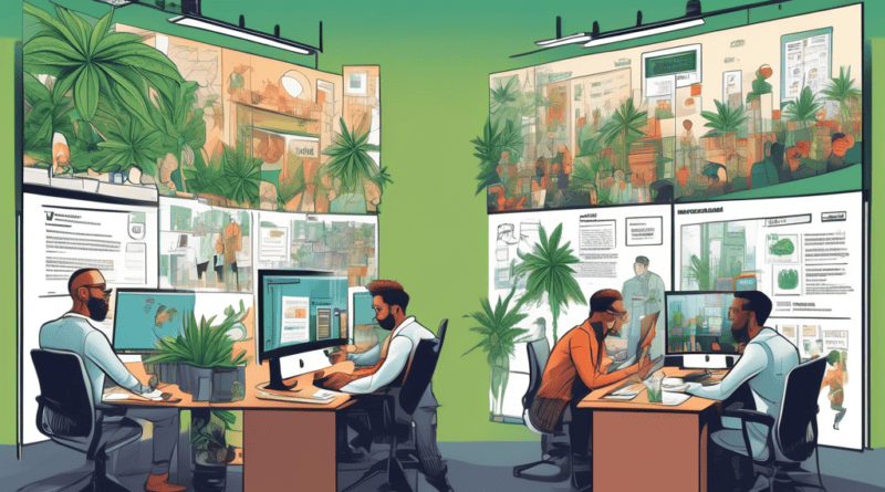 A detailed illustration showing a split-screen comparison: on one side, a bustling urban marketing office with diverse professionals brainstorming cannabis