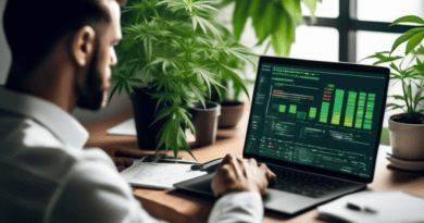 An image of a professional digital marketer working on a laptop with a cannabis plant beside them, analyzing PPC (Pay-Per-Click) campaign performance chart