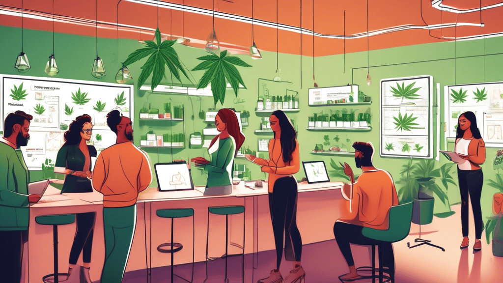 An image of a modern cannabis dispensary with a diverse group of customers interacting with staff. On one side, a team of marketers is analyzing customer f