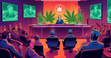 A futuristic courtroom scene with a judge examining a complex cannabis marketing strategy, lawyers presenting evidence featuring cannabis products and adve