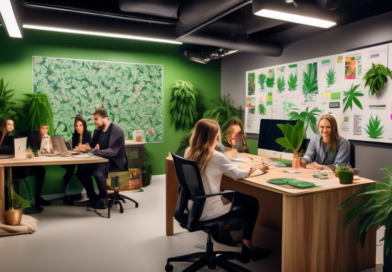 Design a modern office space with marketing professionals gathered around a workspace, brainstorming and drafting a detailed cannabis marketing plan. The r