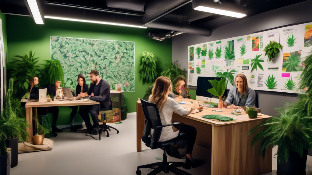 Design a modern office space with marketing professionals gathered around a workspace, brainstorming and drafting a detailed cannabis marketing plan. The r