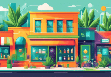Create an image showing a cannabis dispensary with a bright, welcoming storefront, surrounded by various digital icons representing SEO, such as location p