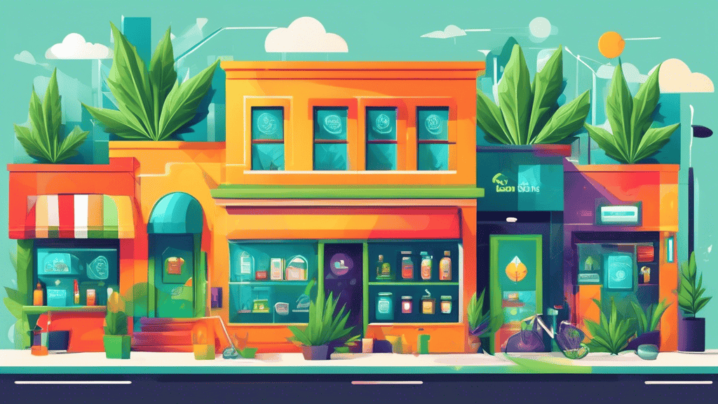 Create an image showing a cannabis dispensary with a bright, welcoming storefront, surrounded by various digital icons representing SEO, such as location p