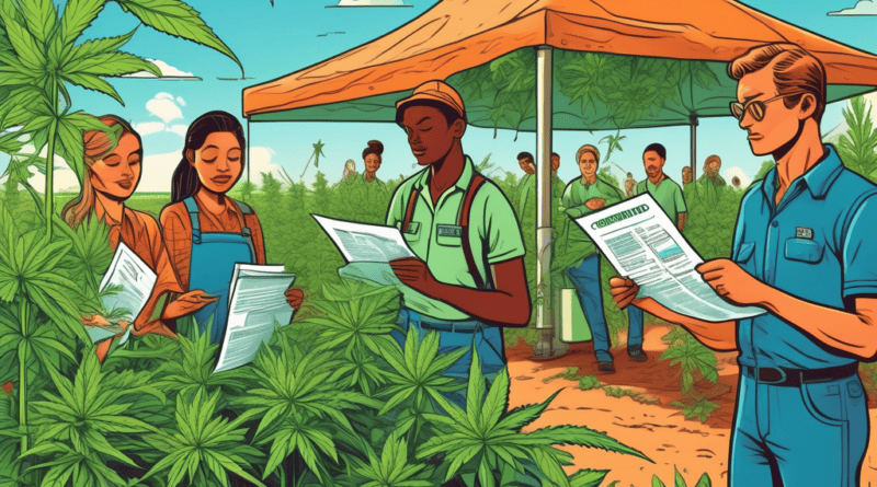 A detailed illustration showing a diverse group of cannabis cultivators in a vibrant, green farm setting, examining various insurance policy documents. Sur