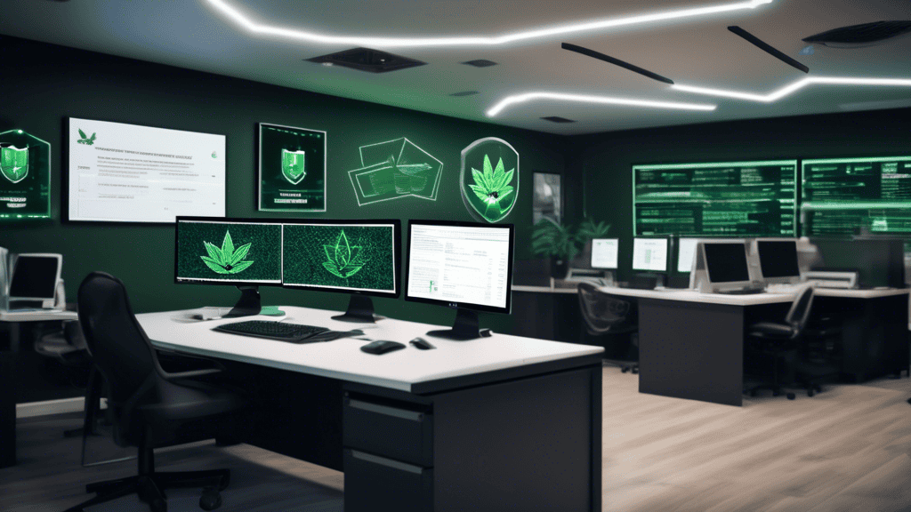 A modern cannabis dispensary office with sleek computer workstations set up, where one screen displays a cybersecurity insurance policy document and anothe