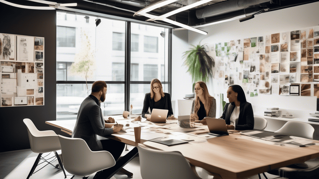 A sophisticated, stylish meeting room with a diverse group of professionals brainstorming around a table filled with design mood boards, cannabis product s