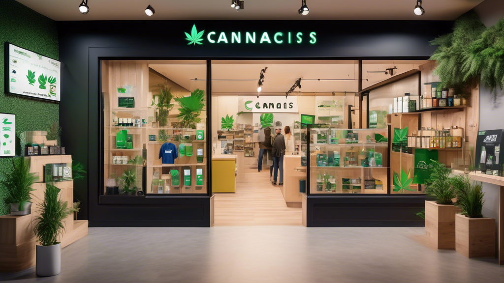 A vibrant and modern storefront showcasing a cannabis brand's logo and products, with sleek packaging design, clear branding elements, and a welcoming, sty