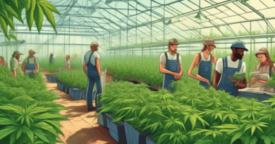 A detailed illustration showing a cannabis farm with workers tending to plants while others are seen discussing or filling out paperwork for workers' compe