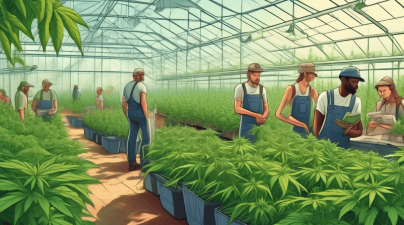 A detailed illustration showing a cannabis farm with workers tending to plants while others are seen discussing or filling out paperwork for workers' compe