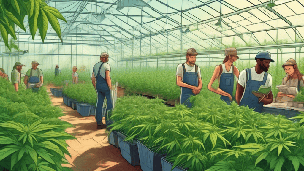 A detailed illustration showing a cannabis farm with workers tending to plants while others are seen discussing or filling out paperwork for workers' compe