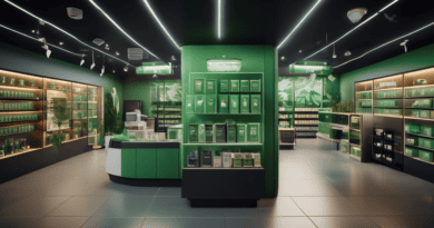 A professional-looking cannabis dispensary with modern design, featuring shelves of cannabis products and security systems. Various icons representing prop