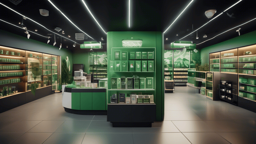 A professional-looking cannabis dispensary with modern design, featuring shelves of cannabis products and security systems. Various icons representing prop