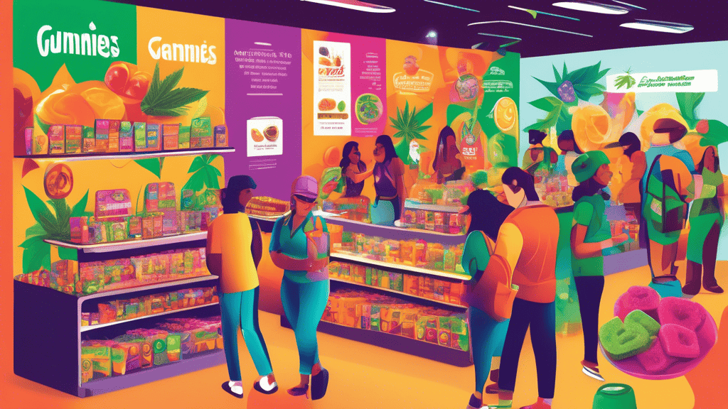 A vibrant and professional illustration showcasing various colorful cannabis edibles (such as gummies, chocolates, and baked goods) arranged creatively on