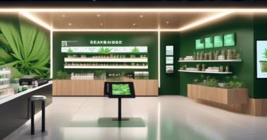 A futuristic landscape showcasing a sleek, modern cannabis dispensary, seamlessly integrated with advanced mobile technology. The store exterior displays d