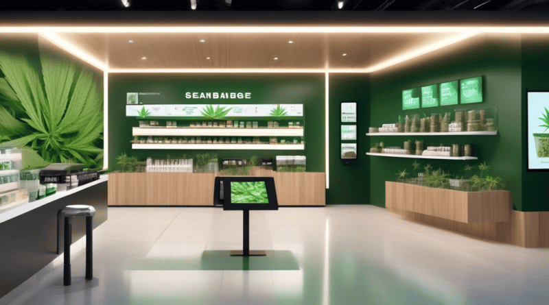 A futuristic landscape showcasing a sleek, modern cannabis dispensary, seamlessly integrated with advanced mobile technology. The store exterior displays d