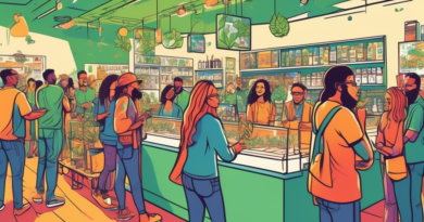 An illustrated guide showcasing successful cannabis promotions: A diverse crowd engaging with well-designed dispensary displays, vibrant promotional banner