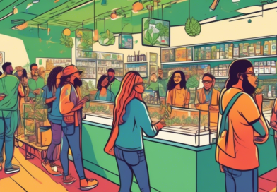 An illustrated guide showcasing successful cannabis promotions: A diverse crowd engaging with well-designed dispensary displays, vibrant promotional banner