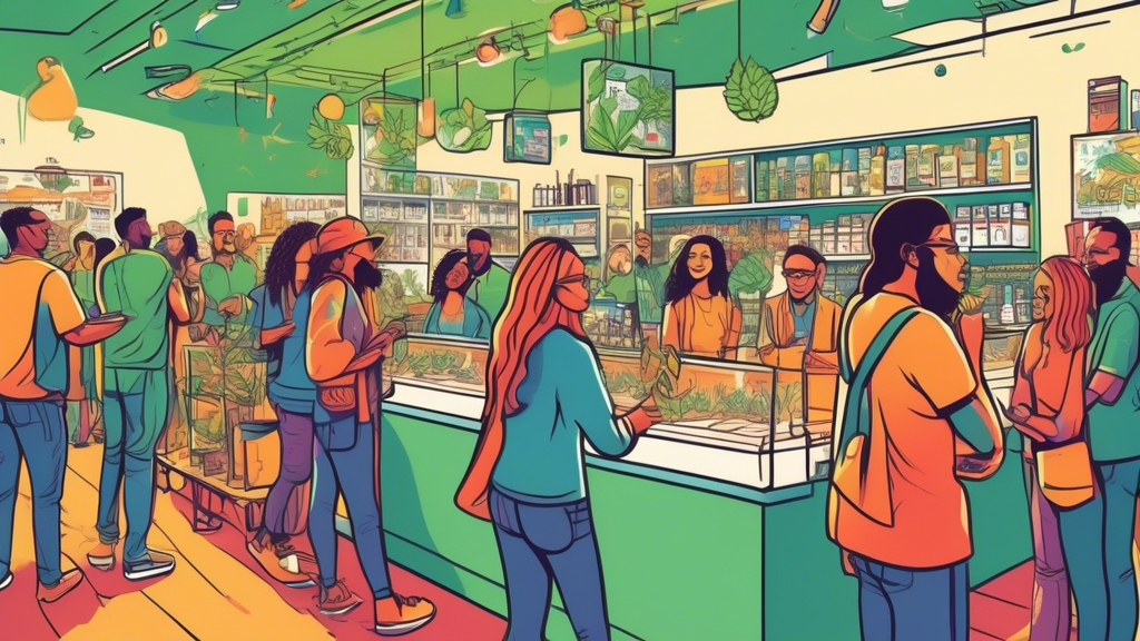 An illustrated guide showcasing successful cannabis promotions: A diverse crowd engaging with well-designed dispensary displays, vibrant promotional banner