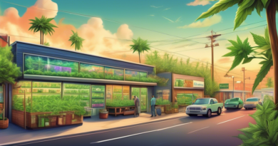 Create an illustration depicting a thriving cannabis business complete with storefronts, cultivation fields, and secure facilities. Incorporate elements li