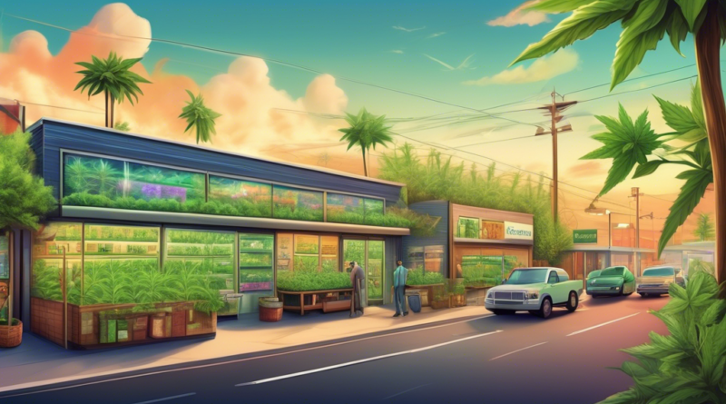 Create an illustration depicting a thriving cannabis business complete with storefronts, cultivation fields, and secure facilities. Incorporate elements li