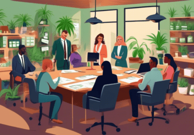 An illustration showing a diverse team of cannabis company owners and legal professionals discussing product liability insurance. They are gathered around