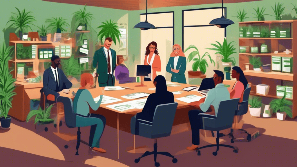 An illustration showing a diverse team of cannabis company owners and legal professionals discussing product liability insurance. They are gathered around