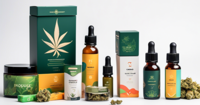 A high-quality photograph showing a variety of cannabis products with unique, eye-catching packaging designs displayed on a clean, white backdrop. Highligh