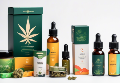 A high-quality photograph showing a variety of cannabis products with unique, eye-catching packaging designs displayed on a clean, white backdrop. Highligh