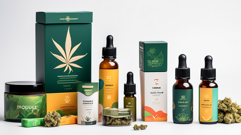 A high-quality photograph showing a variety of cannabis products with unique, eye-catching packaging designs displayed on a clean, white backdrop. Highligh