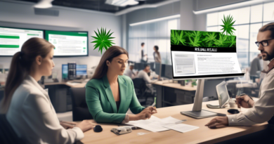 A detailed image of a cannabis product recall scenario. The foreground shows concerned cannabis business owners in a modern office, looking at a computer s