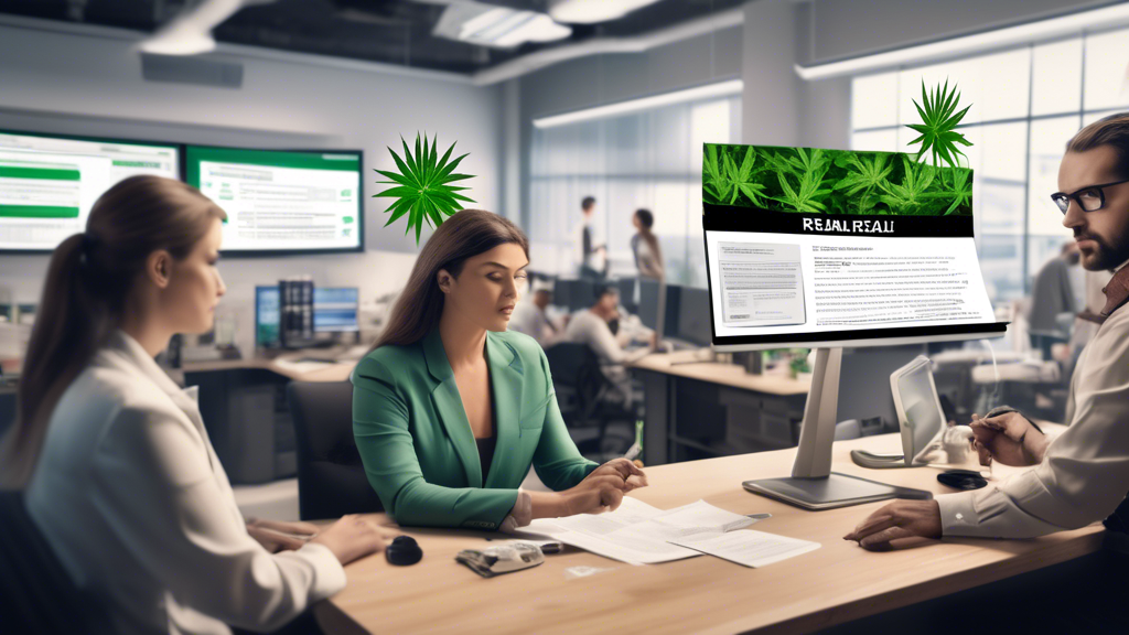 A detailed image of a cannabis product recall scenario. The foreground shows concerned cannabis business owners in a modern office, looking at a computer s