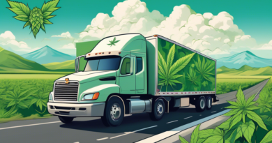 A detailed illustration of a secure transportation truck carrying cannabis products, equipped with high-tech security features such as GPS tracking and rei