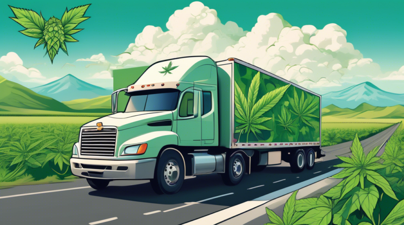 A detailed illustration of a secure transportation truck carrying cannabis products, equipped with high-tech security features such as GPS tracking and rei