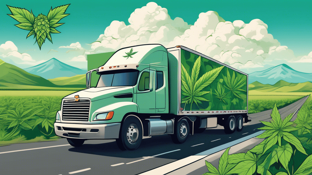 A detailed illustration of a secure transportation truck carrying cannabis products, equipped with high-tech security features such as GPS tracking and rei