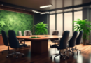 Create an image depicting a professional meeting room where business executives in suits are discussing insurance policies. The background features subtle