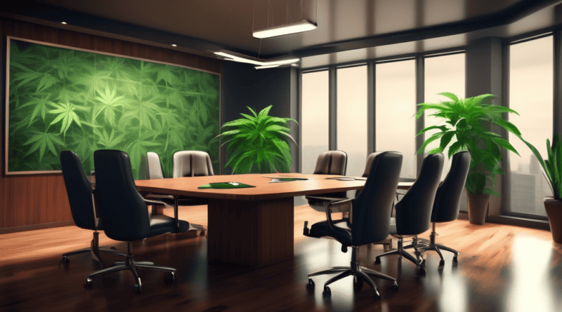 Create an image depicting a professional meeting room where business executives in suits are discussing insurance policies. The background features subtle