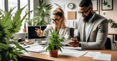 A modern office setting with diverse employees, featuring elements like desks, computers, and plants. Highlight a confident human resources manager explain