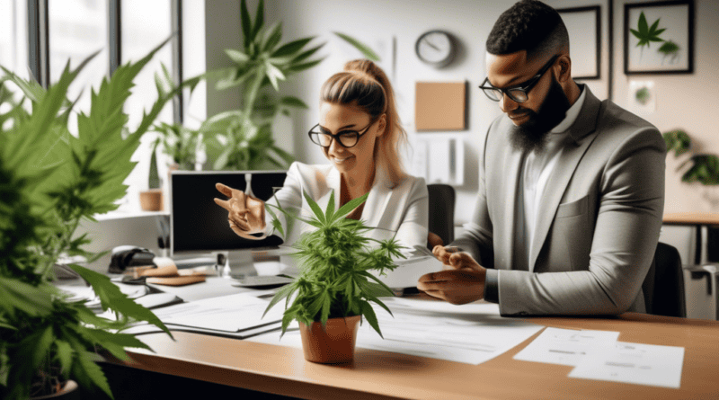 A modern office setting with diverse employees, featuring elements like desks, computers, and plants. Highlight a confident human resources manager explain