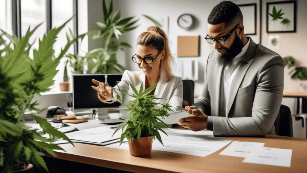 A modern office setting with diverse employees, featuring elements like desks, computers, and plants. Highlight a confident human resources manager explain